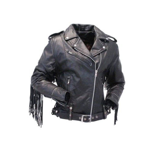 Ladies Stud And Fringe Classic Biker Leather Jacket