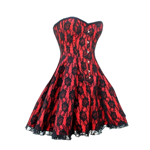 Red-Satin-Black-Lace-Corset-Dress