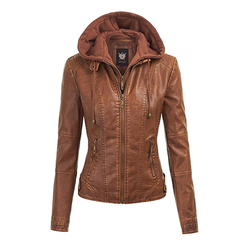 WOMEN HOODED FAUX LEATHER JACKET